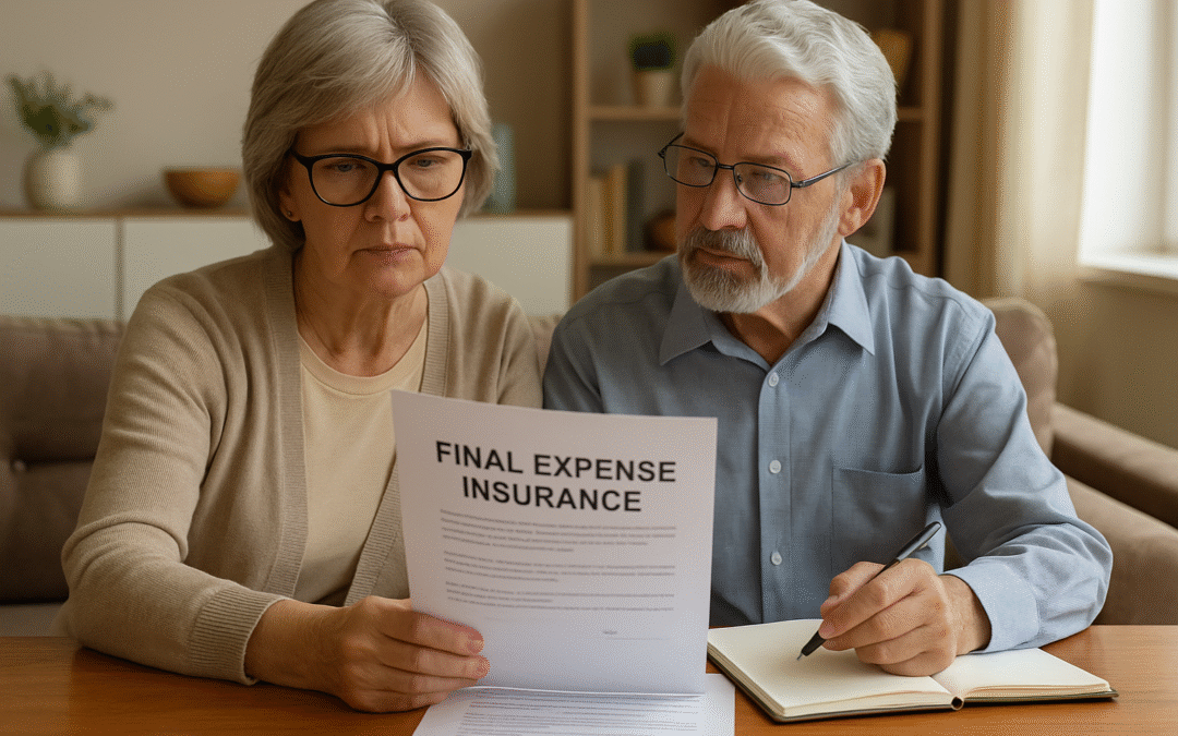 Elderly Englewood couple reviewing final expense insurance documents together at their home, highlighting the importance of planning and protecting loved ones from financial burdens.