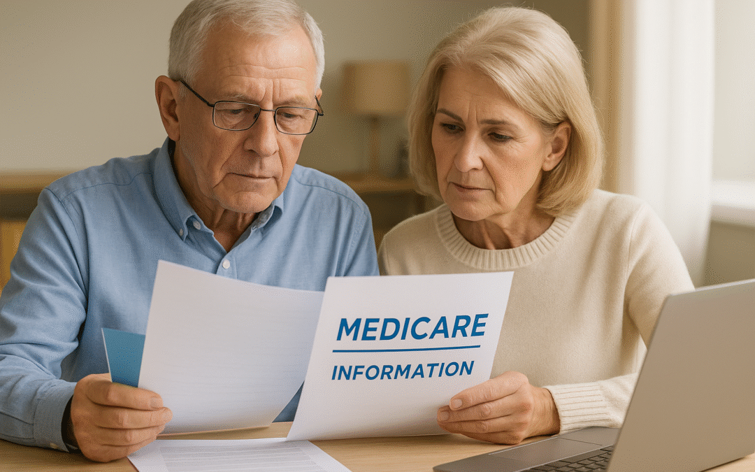 Elderly couple reviewing Medicare information documents together at a table, representing guidance for choosing the best Medicare plan in Southwest Florida.