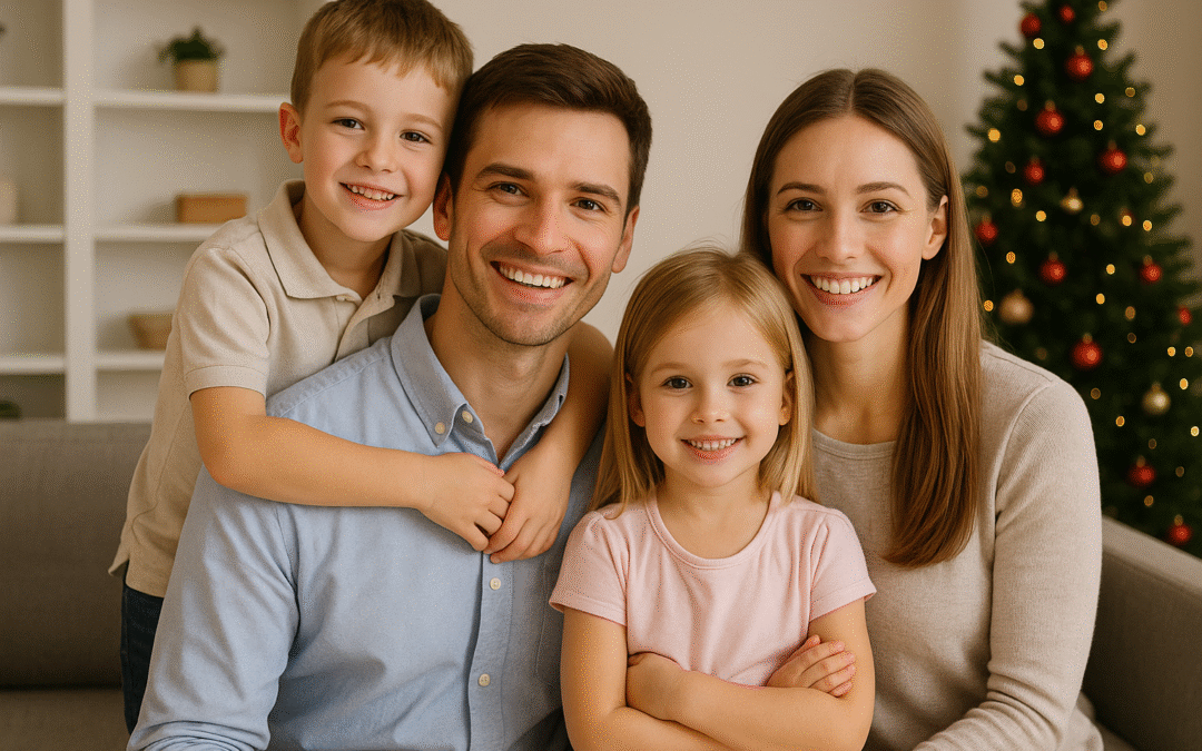 Smiling Southwest Florida family of four posing together in a warm, well-lit living room during the holiday season, symbolizing the long-term protection and financial security offered by whole life insurance.