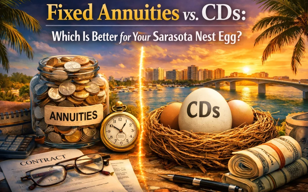A retirement nest egg represented by gold coins and a miniature house on a wooden table, symbolizing the choice between fixed annuities vs. CDs for Sarasota residents.