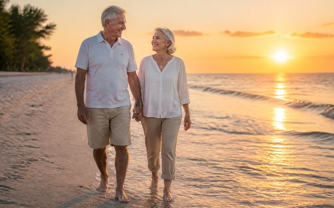 A happy senior couple enjoying a secure retirement on the sunny shores of Englewood Beach, Florida thanks to their florida annuities