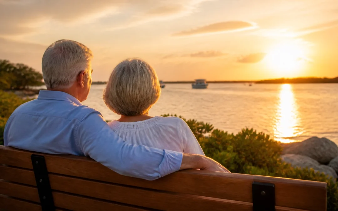 A peaceful elderly couple overlooking Lemon Bay in Englewood, Florida, representing the security of proper long-term care planning