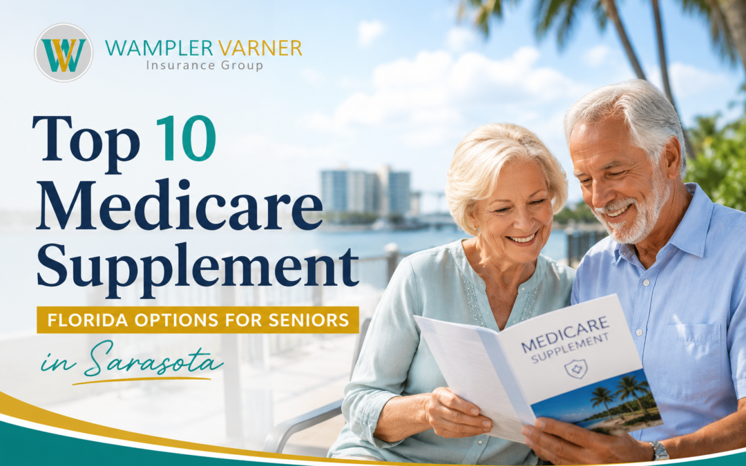 Senior couple in Sarasota, Florida reviewing Medicare Supplement Florida options together near a sunny waterfront, representing Medicare planning for Florida seniors.