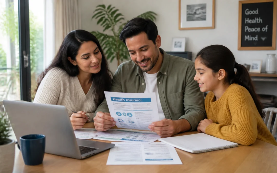 family sitting at kitchen table reviewing florida marketplace health insurance plans.