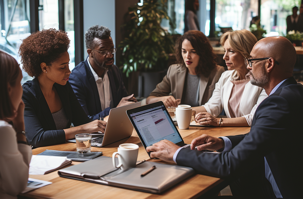 group of employees around a conference table discussing and evaluating employee benefits florida strategy for Southwest Florida employers