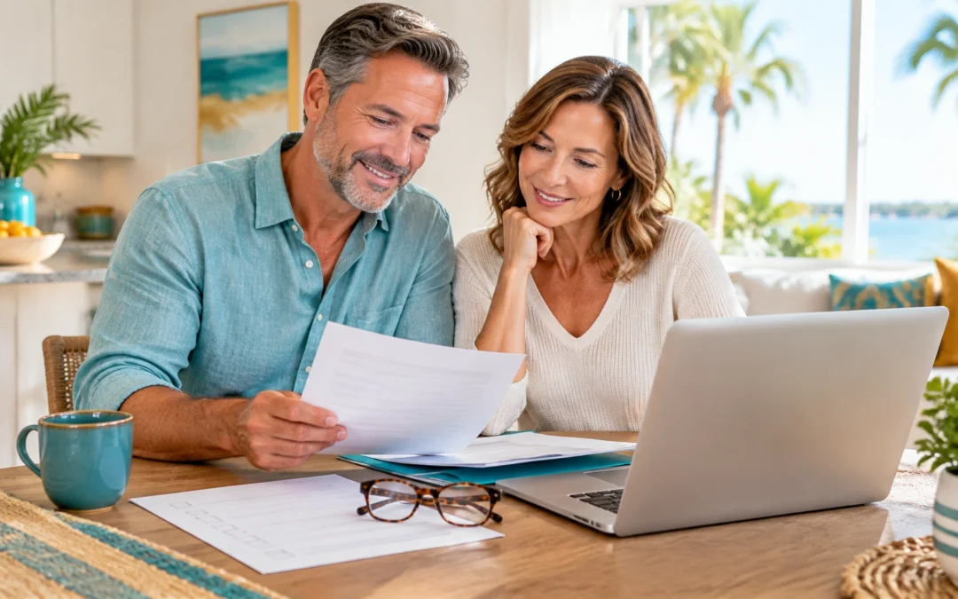 health insurance marketplace florida: Southwest Florida couple reviewing florida marketplace insurance options at home